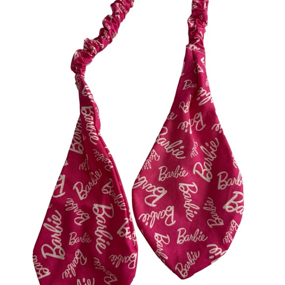 Barbie scarf tie scrunchie hand made USA pink script cotton rare print summer - Picture 2 of 3